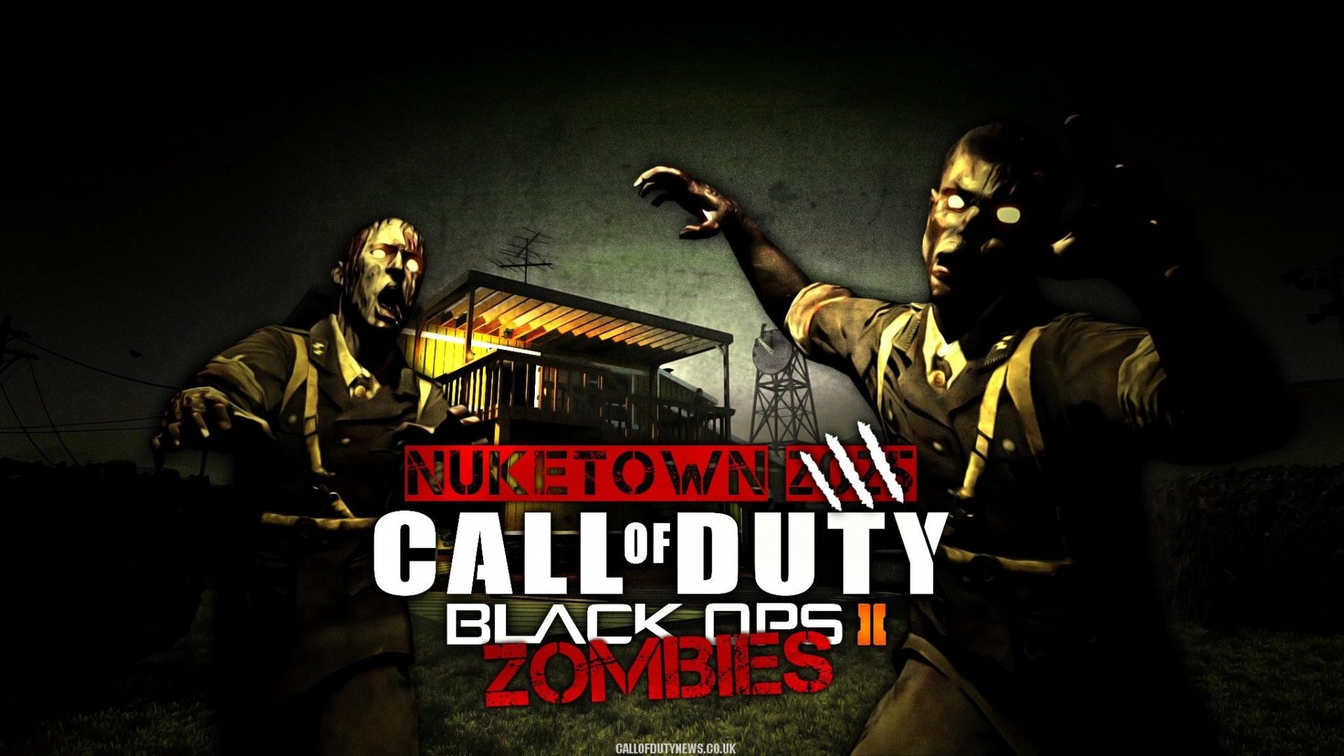 HD desktop wallpaper featuring zombies from Call of Duty: Black Ops II, set in the Nuktown map, showcasing intense action and a dramatic backdrop.