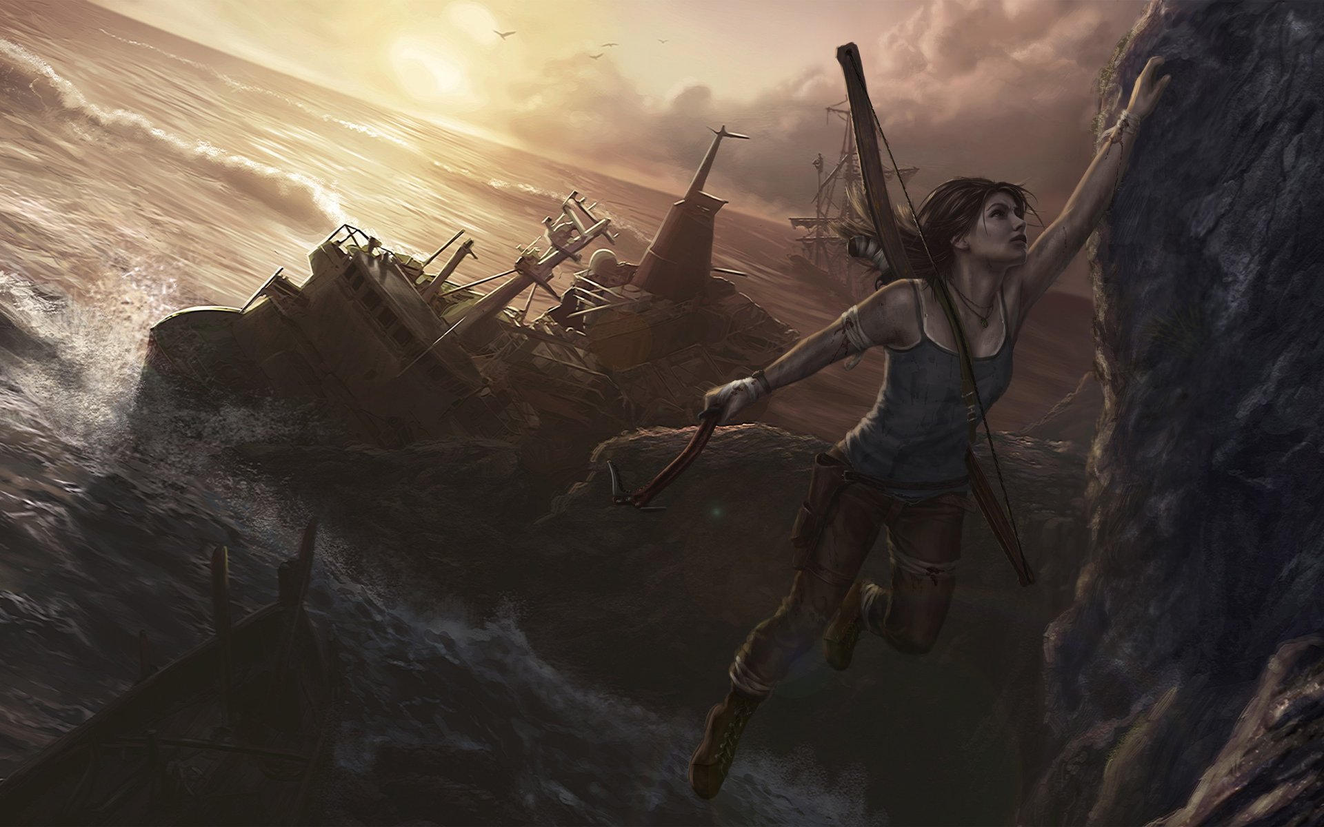 A dynamic HD wallpaper from the video game Tomb Raider, featuring the protagonist scaling a rocky cliff against a dramatic sunset and a shipwreck in the background.