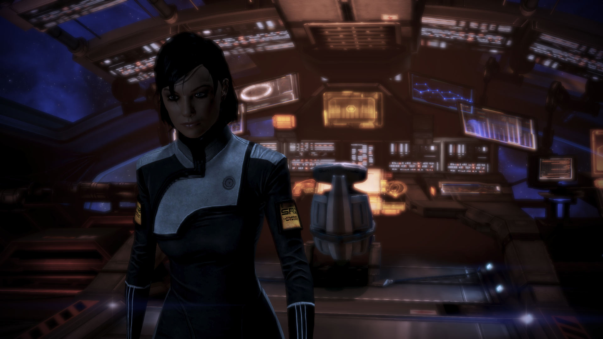 Commander Shepard (Mass Effect 3) stands on the Normandy bridge, silhouetted against glowing control panels — HD PC desktop wallpaper/background.