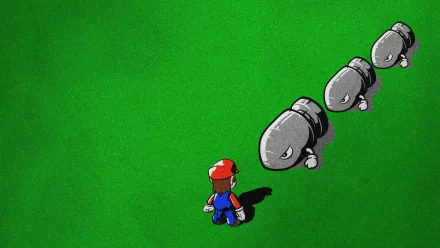 Mario stands on vivid green grass, facing a trio of Bullet Bills from the classic Super Mario Bros. video game. A dynamic HD PC desktop wallpaper capturing a nostalgic moment.