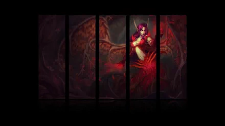 HD PC desktop wallpaper of Morgana (League of Legends): red-shaded, winged sorceress with glowing eyes and ethereal wings across vertical segmented panels, video game background.