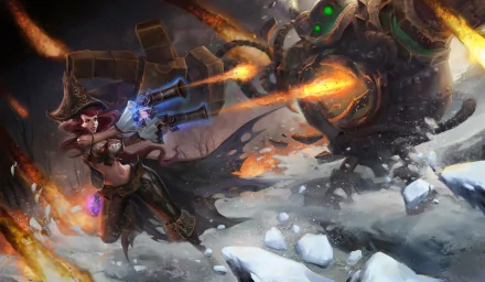 League of Legends HD PC wallpaper/background: Miss Fortune fires twin pistols as Blitzcrank rockets through a snowy battlefield — video game desktop art.
