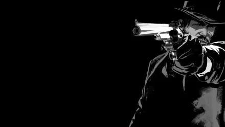 HD PC desktop wallpaper featuring a stylized Red Dead Redemption character aiming a revolver against a black background.