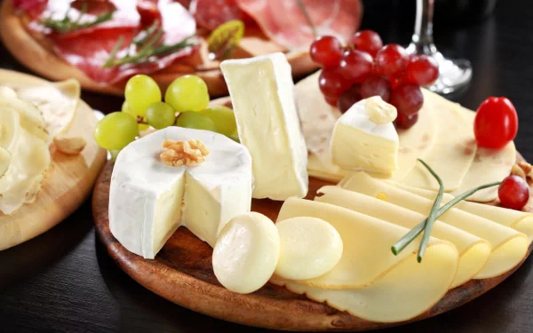 HD desktop wallpaper featuring a variety of cheeses, grapes, and charcuterie artfully arranged on a wooden platter, highlighting rich textures and fresh ingredients.