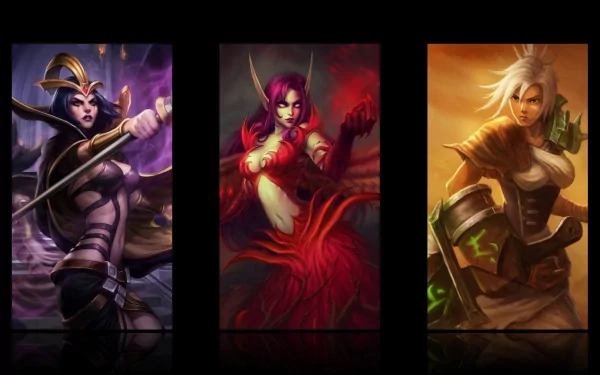 HD PC desktop wallpaper featuring Riven, Morgana, and LeBlanc from the video game League of Legends in dynamic, vibrant artwork.