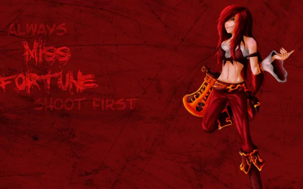 Miss Fortune from League of Legends stands confidently in this HD desktop wallpaper, embodying her bold and adventurous spirit against a striking red background.