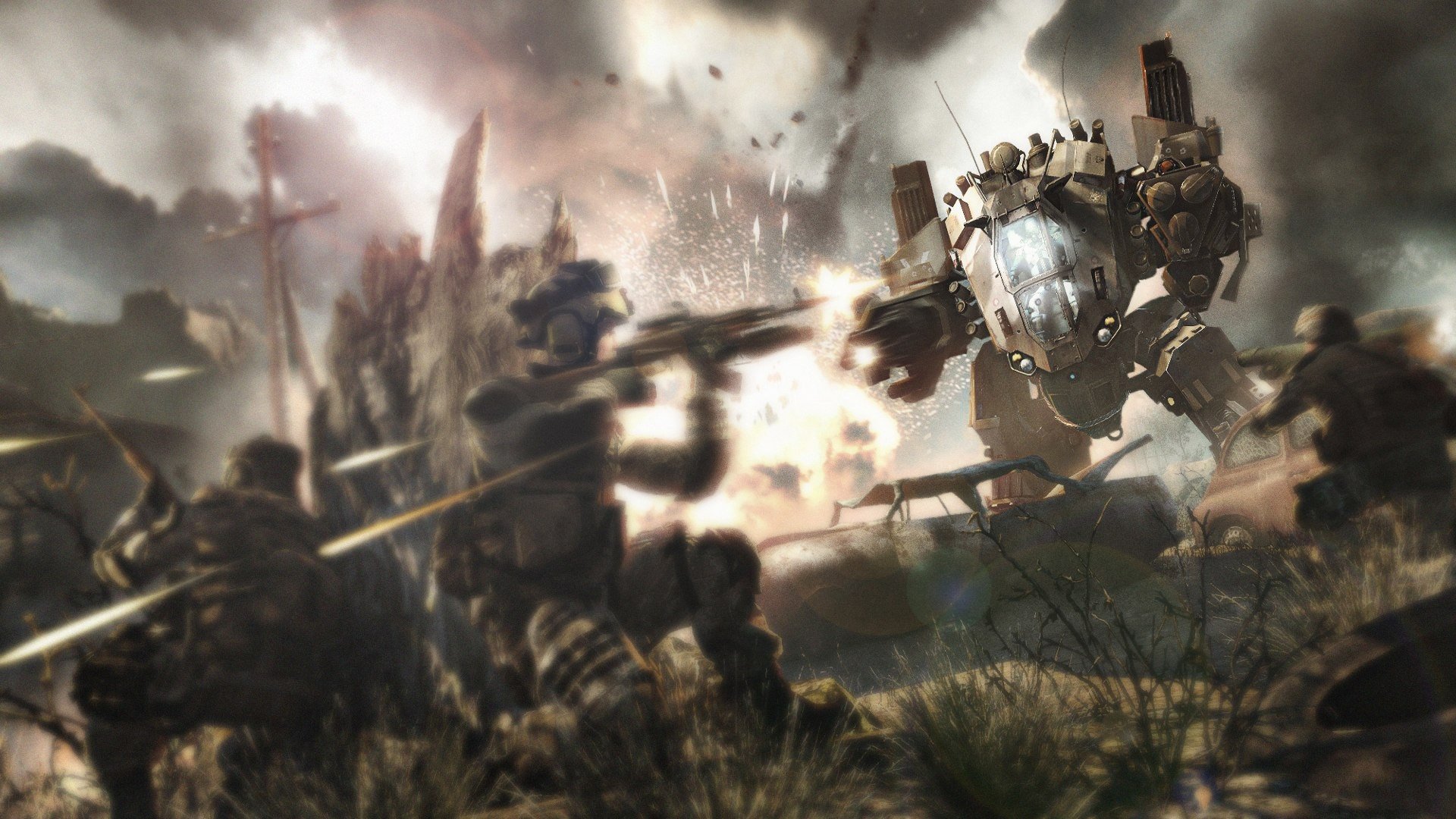 HD desktop wallpaper showing intense combat from the video game Warface, featuring soldiers and a large mech amidst an action-packed battlefield.