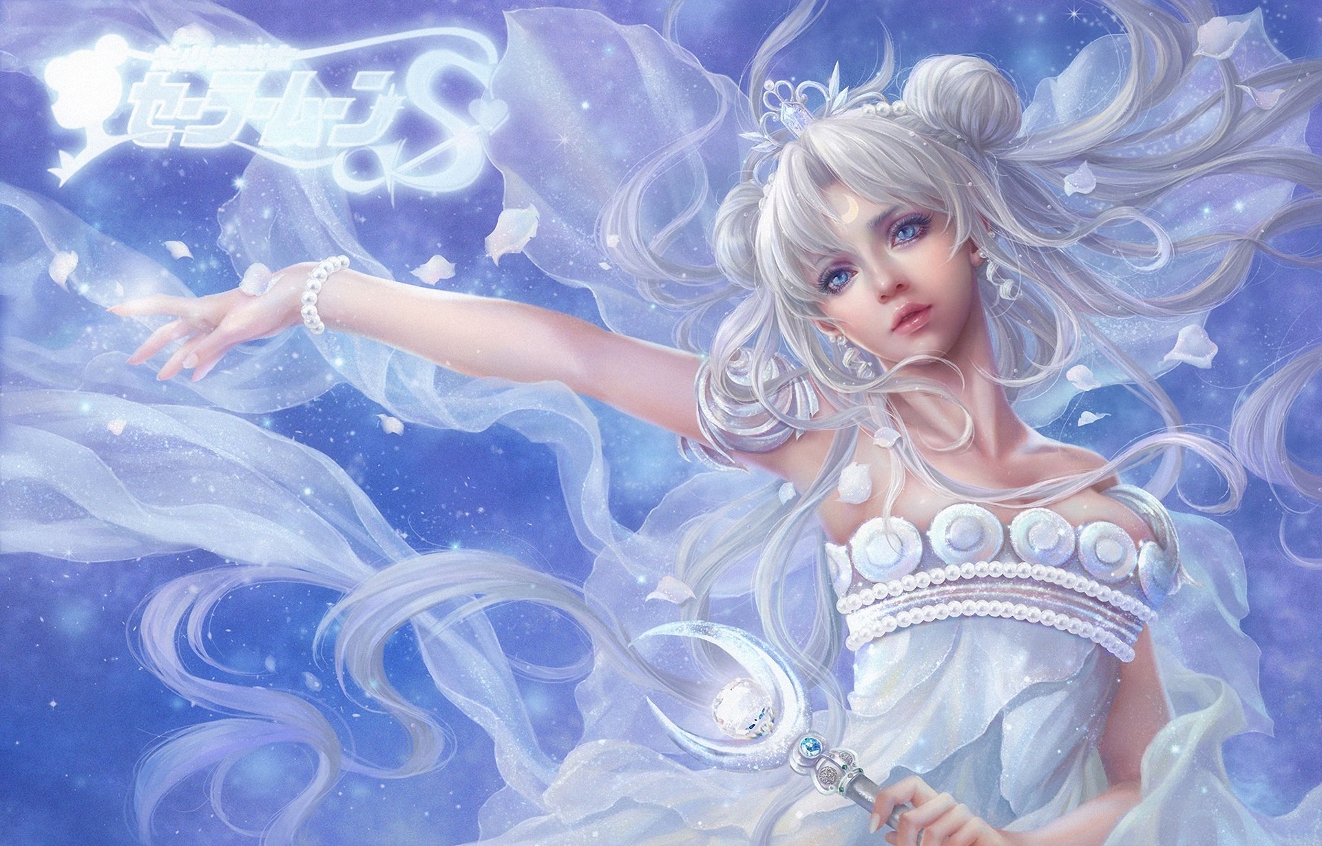 A fantasy-themed HD wallpaper featuring a woman with long, flowing white hair and a delicate gown, set against a dreamy blue backdrop, exuding a mystical aura.