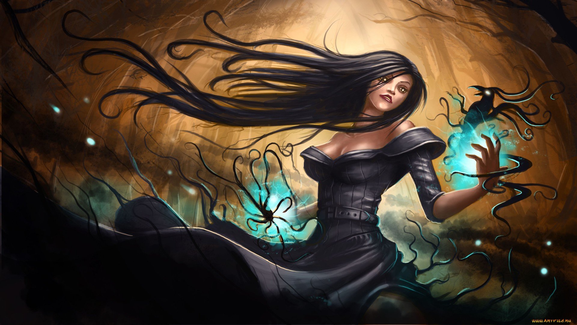 A fantasy-themed HD wallpaper featuring a woman with flowing hair, surrounded by ethereal glowing orbs, set against a mysterious forest backdrop.