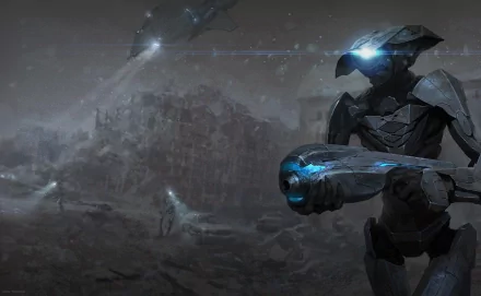 Sci-fi warrior in armored exosuit holding a glowing blue energy weapon on a barren alien landscape — 2K Quad HD PC desktop wallpaper/background.