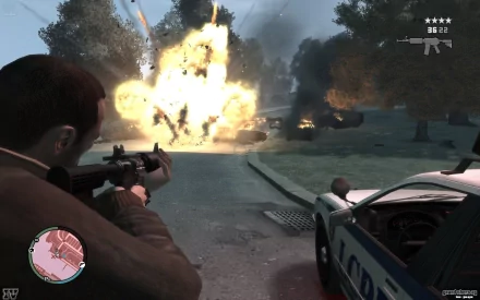 HD PC desktop wallpaper featuring an intense action scene from the video game Grand Theft Auto IV, showing a character firing a weapon near an exploding police car.