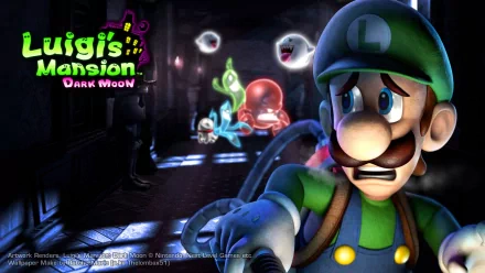 HD PC desktop wallpaper featuring Luigi from the video game Luigi's Mansion: Dark Moon, with a dark, eerie background and glowing ghosts.