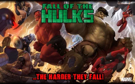 HD desktop wallpaper featuring Red Hulk, Hulk, Wolverine, Spider-Woman, Spider-Man, and Captain America in action with the Fall of the Hulks logo and tagline.