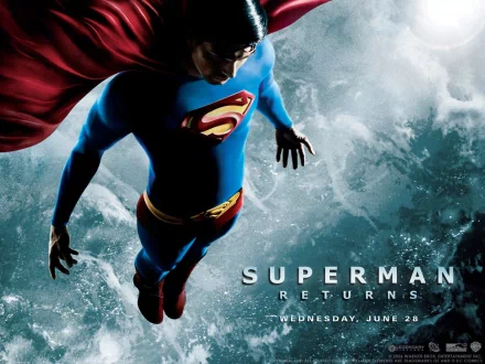 Superman flies through turbulent skies in this HD desktop wallpaper for Superman Returns, showcasing the iconic DC Comics superhero in a dynamic action pose.