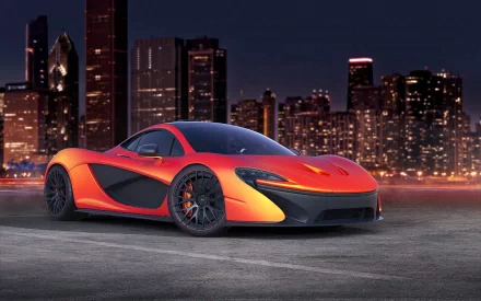 HD PC desktop wallpaper of a sleek orange McLaren vehicle parked on an urban rooftop with illuminated city skyscrapers in the background at night.