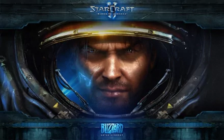 HD desktop wallpaper featuring a close-up of a character from Starcraft II: Wings of Liberty, showcasing intense expression and intricate details of the space suit.