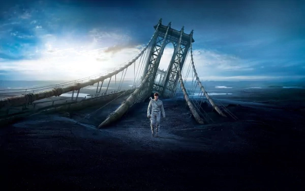HD desktop wallpaper featuring Tom Cruise from the 2013 movie Oblivion, standing in front of a partially submerged, collapsed suspension bridge under a dramatic sky.