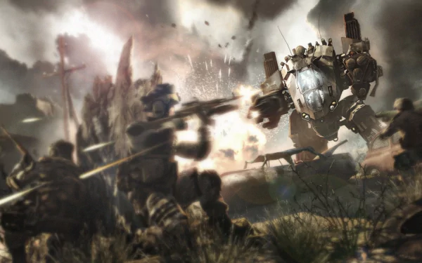 HD desktop wallpaper showing intense combat from the video game Warface, featuring soldiers and a large mech amidst an action-packed battlefield.