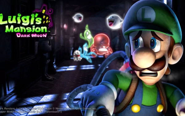 HD PC desktop wallpaper featuring Luigi from the video game Luigi's Mansion: Dark Moon, with a dark, eerie background and glowing ghosts.