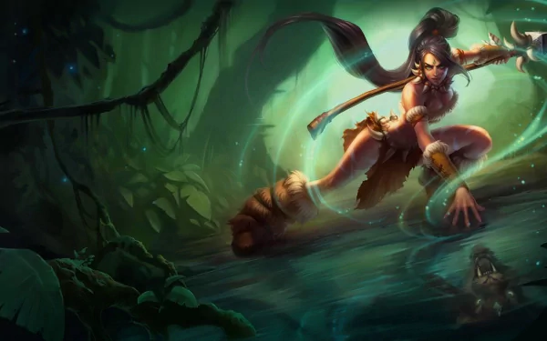 HD desktop wallpaper featuring Nidalee from League of Legends, depicted in a dynamic pose within a lush, mystical jungle environment.