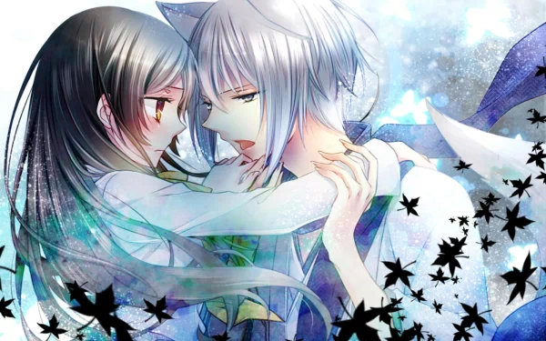 HD desktop wallpaper featuring characters from the anime Kamisama Kiss. The image portrays a tender, close moment between a dark-haired girl and a white-haired boy against a mystical background.