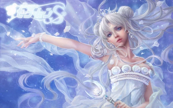 A fantasy-themed HD wallpaper featuring a woman with long, flowing white hair and a delicate gown, set against a dreamy blue backdrop, exuding a mystical aura.