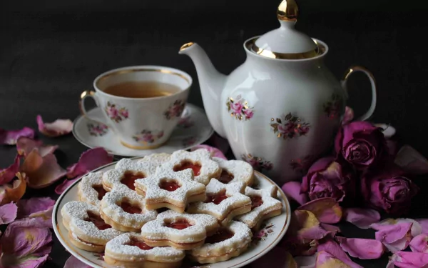 HD PC desktop wallpaper featuring a plate of powdered sugar-dusted cookies with jam centers, a floral teapot, matching teacup, and scattered rose petals.