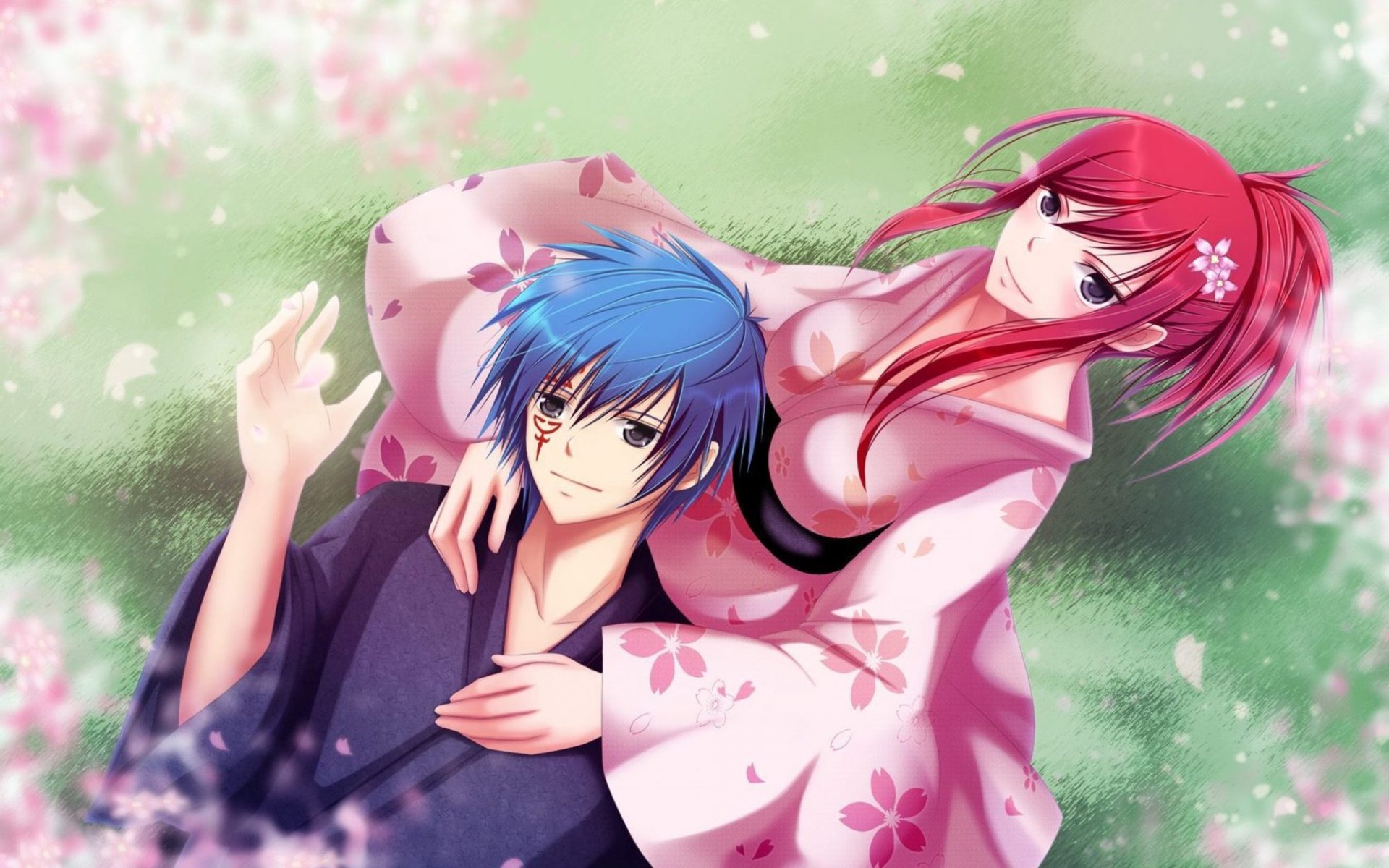HD desktop wallpaper featuring Jellal Fernandes and Erza Scarlet from the anime Fairy Tail, beautifully illustrated in traditional attire, laying amongst a backdrop of cherry blossoms.