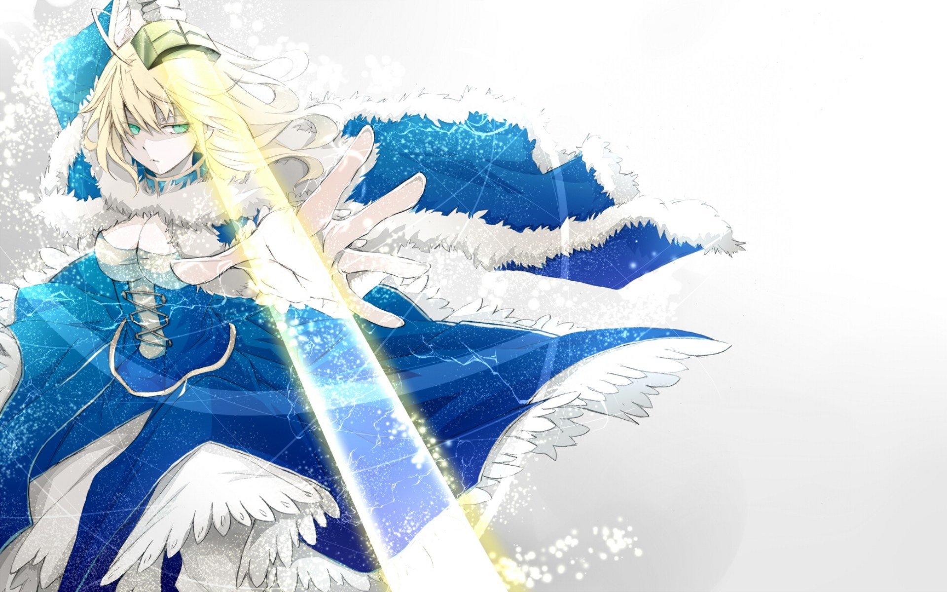 HD wallpaper of Saber from the Fate Series, depicted in a striking blue and white outfit, showcasing her powerful presence and dynamic pose from Fate/Zero.