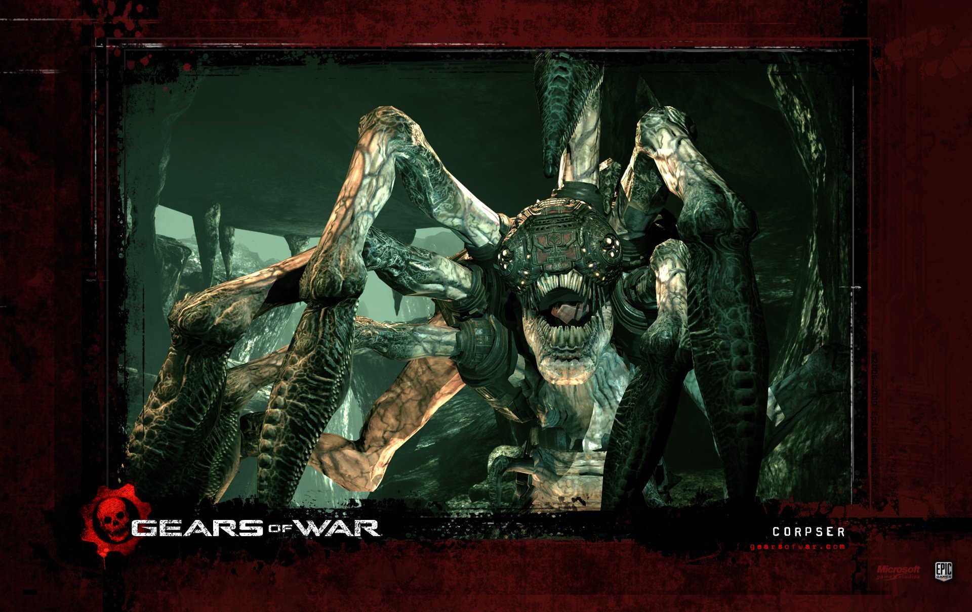 Gears of War video game HD PC desktop wallpaper: a snarling, multi‑limbed Corpser monster lunging from shadowed ruins, with the Gears of War logo at the lower left.