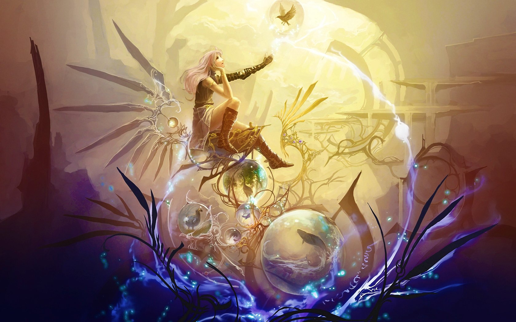 Fantasy-themed HD PC desktop wallpaper featuring a woman with angelic wings reaching towards a glowing orb, surrounded by ethereal light and mystical elements.