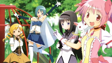 HD PC desktop wallpaper featuring Kyuubey, Sayaka Miki, Mami Tomoe, Madoka Kaname, and Homura Akemi from the anime Puella Magi Madoka Magica.