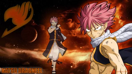 HD desktop wallpaper featuring Natsu Dragneel from the anime Fairy Tail, set against a fiery cosmic background with the Fairy Tail guild emblem in the corner.