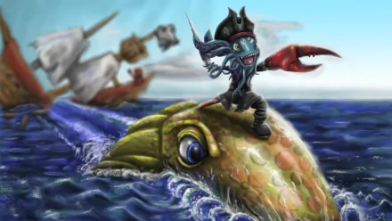 A vibrant HD wallpaper featuring Fizz from League of Legends, depicted as a pirate riding a giant fish with ships in the background, set against a bright blue ocean.