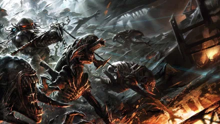 HD comic-style wallpaper depicting intense battle scenes from Aliens vs. Predator: Three World War, featuring Predator and Xenomorph alien creatures.