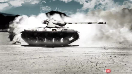 HD PC desktop wallpaper featuring the T69 tank from the World of Tanks video game, captured in dynamic motion with dust clouds against a cloudy sky backdrop.
