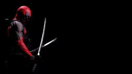 Deadpool, the Merc with a Mouth, stands poised with two swords in hand, dressed in a vibrant red and black bodysuit, against a stark black background. Comic-inspired HD desktop wallpaper.