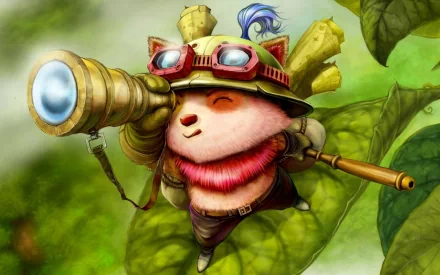 HD PC desktop wallpaper featuring Teemo from League of Legends, a popular video game character, depicted with his signature goggles and blowgun amidst a lush green background.