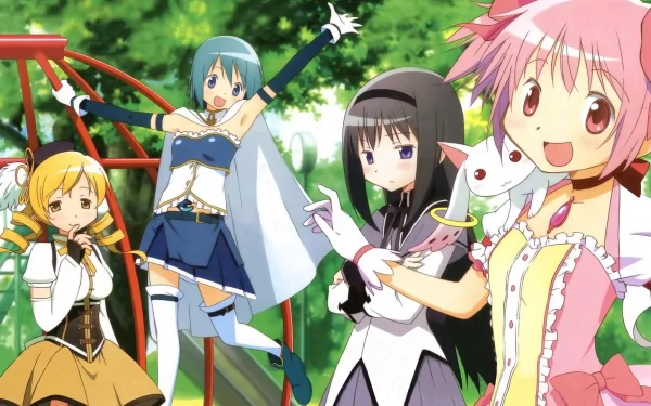 HD PC desktop wallpaper featuring Kyuubey, Sayaka Miki, Mami Tomoe, Madoka Kaname, and Homura Akemi from the anime Puella Magi Madoka Magica.