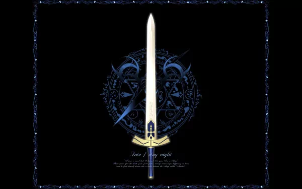 HD PC desktop wallpaper featuring a detailed anime-style sword from Fate/Stay Night, set against a dark background with intricate mystical symbols.