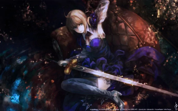 HD desktop wallpaper of Saber from the Fate Series, specifically Fate/Zero. The anime character is depicted with a sword in a dynamic, glowing, and dark background.