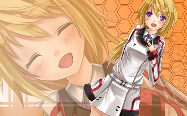 Anime HD PC desktop wallpaper featuring a cheerful blonde female character from Infinite Stratos, set against an orange hexagonal patterned background.