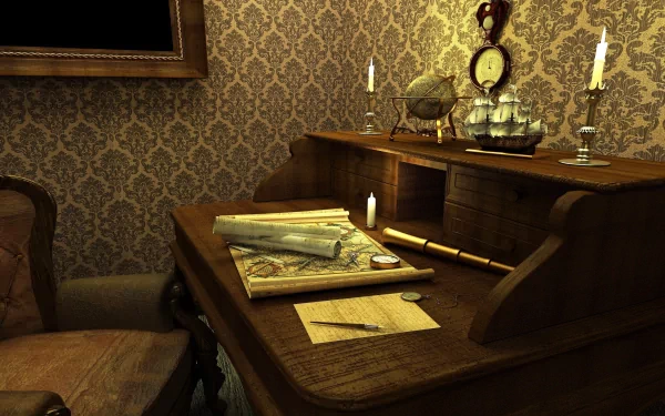 A cozy room featuring a wooden desk adorned with a map, candles, and a globe, complemented by elegant wallpaper, creating a warm, inviting atmosphere for a desktop wallpaper.