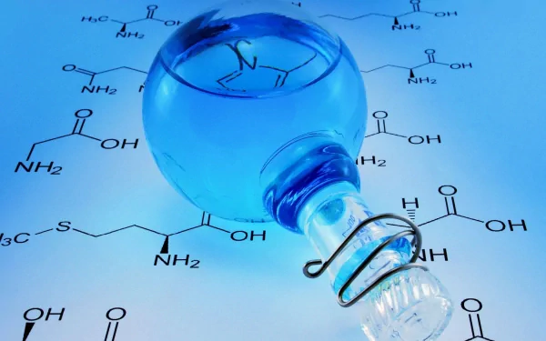 A blue chemistry bottle glistens against a backdrop of chemical structures, embodying the essence of physics and chemistry in this HD desktop wallpaper.