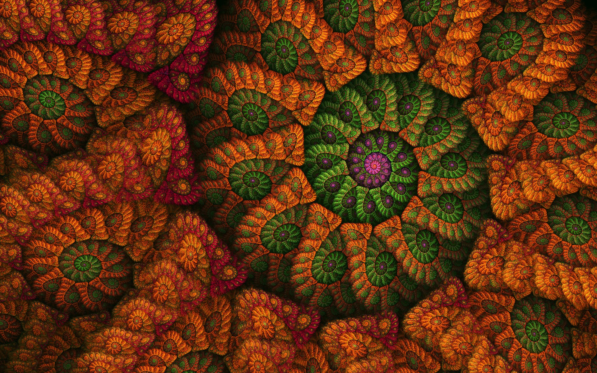 HD PC desktop wallpaper featuring an abstract fractal design with intricate spirals in warm orange, red, and green tones, creating a vivid, textured pattern.