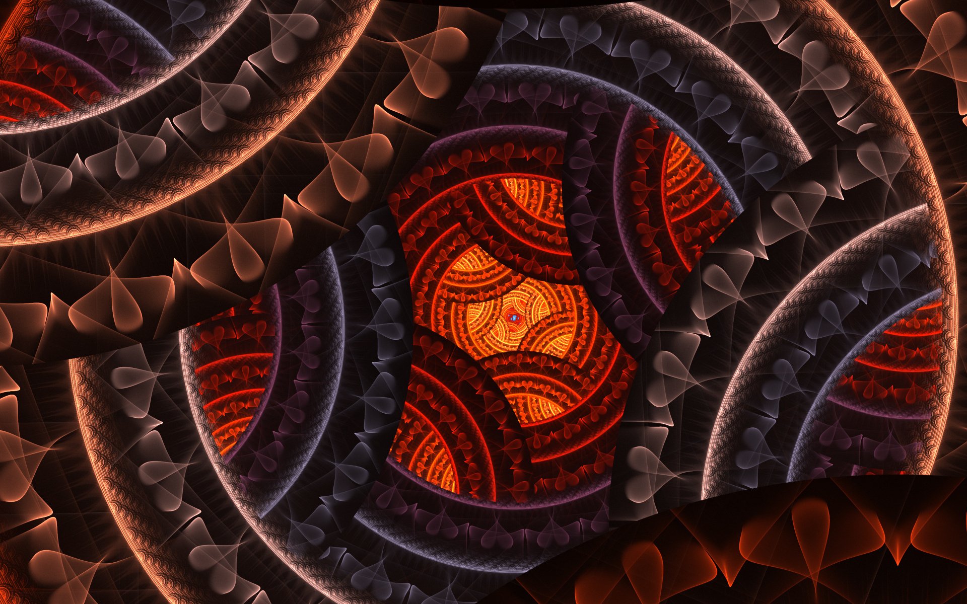Abstract fractal HD PC desktop wallpaper featuring layered dark rings and a glowing orange-red patterned core with intricate filigree.