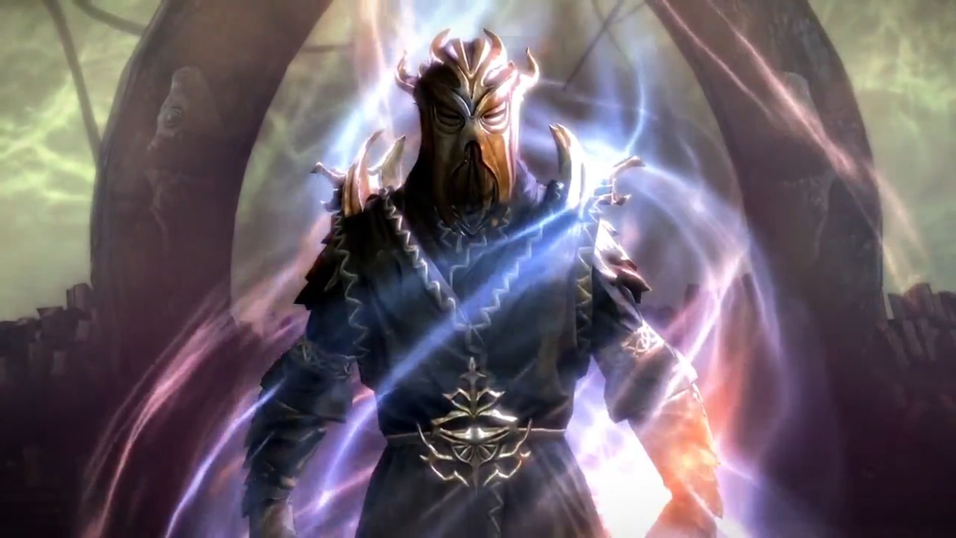 An HD desktop wallpaper from The Elder Scrolls V: Skyrim features a powerful character enveloped in shimmering magic, showcasing the game's rich fantasy elements.