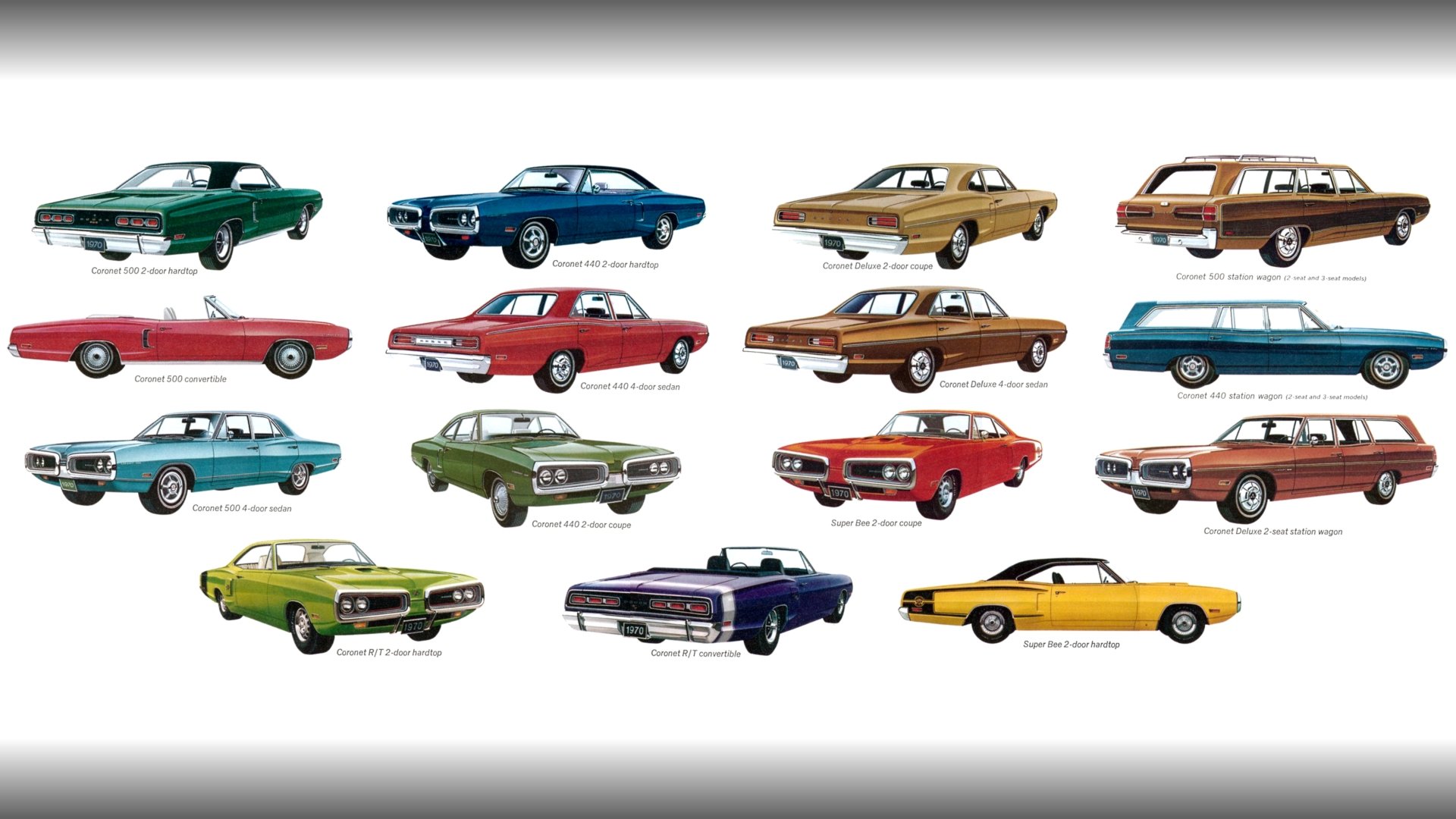 HD PC desktop wallpaper showing illustrated Dodge vehicles: a grid of colorful vintage cars and wagons on a white background.