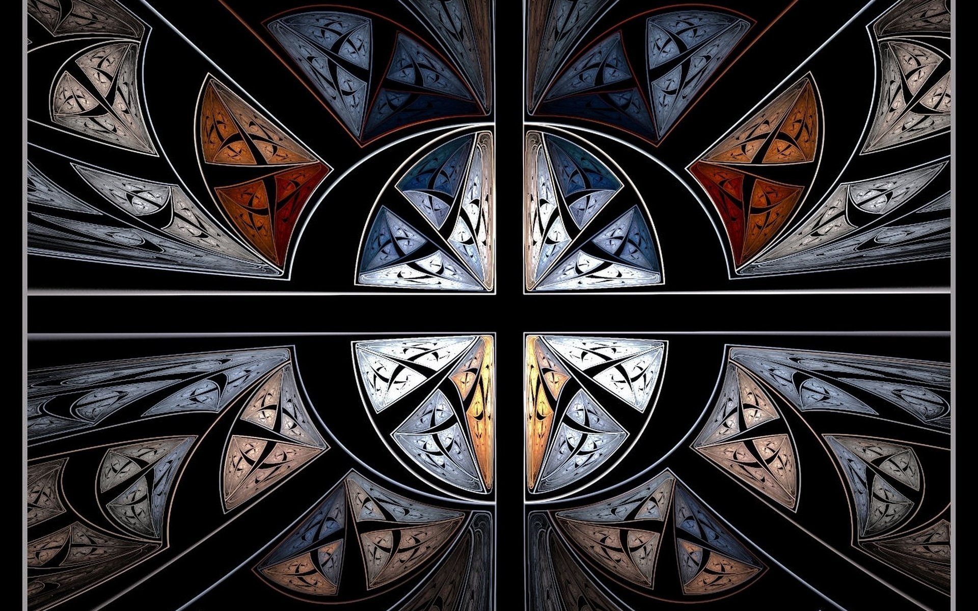 Abstract fractal design with symmetrical, curved shapes and metallic tones, rendered in high definition as a PC desktop wallpaper and background.