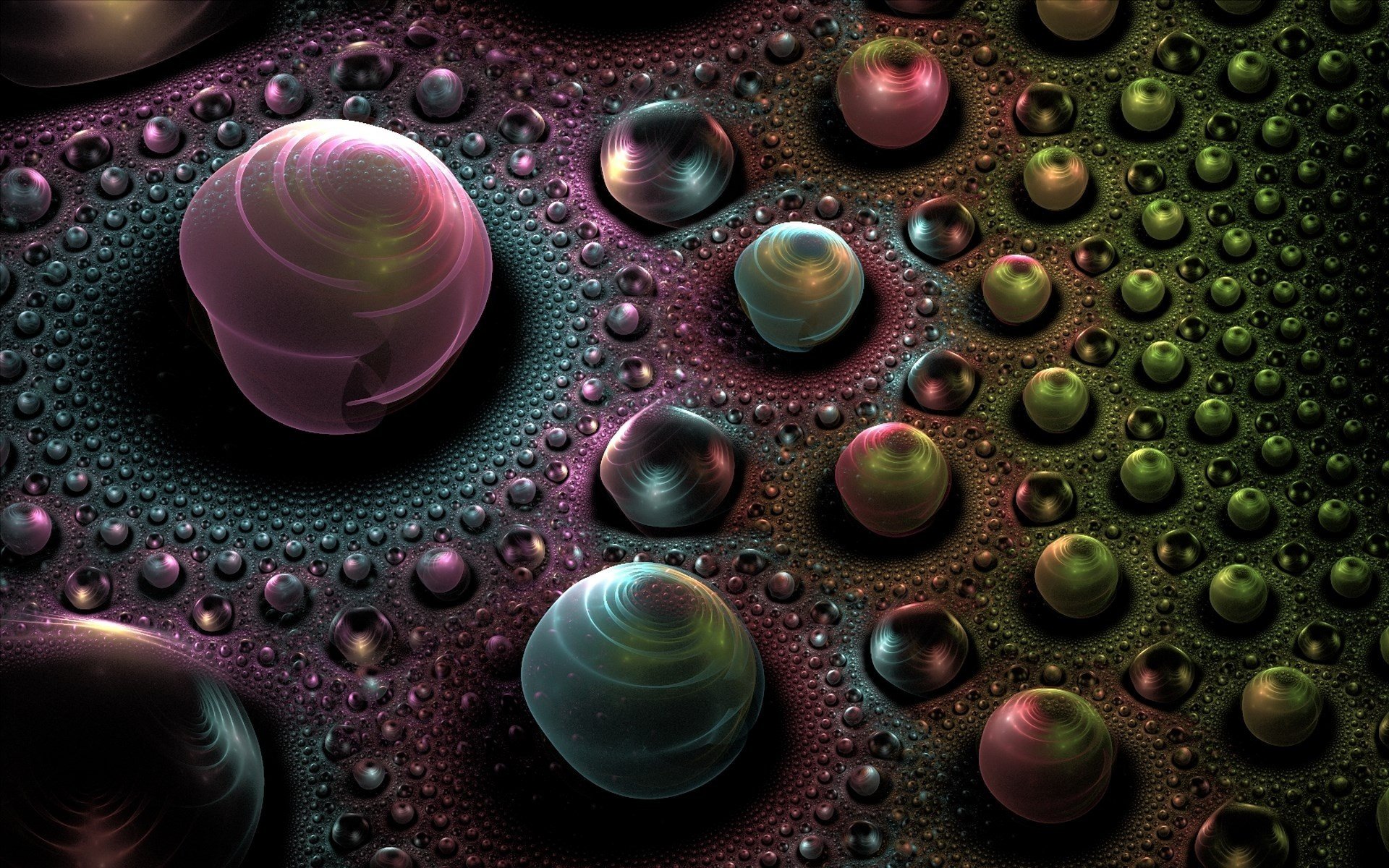 Artistic 3D art HD PC desktop wallpaper: iridescent glass-like spheres of varying sizes in a fractal arrangement on a textured dark background, glowing purple, green and teal.